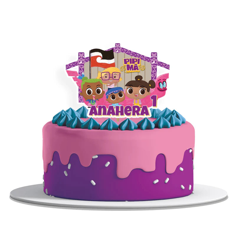 Pipi Ma personalized cake toppers featuring festive birthday themes on a modern dessert display