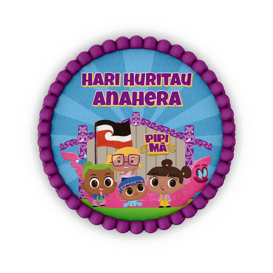 Pipi Ma edible icing cake images with colorful character designs placed on a frosted round cake