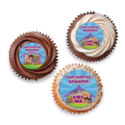 Pipi Ma personalized cupcake toppers arranged neatly on frosted cupcakes against a neutral backdrop