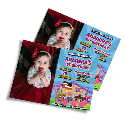 Pipi Ma photo card invitations featuring a picture frame layout on a clean studio background