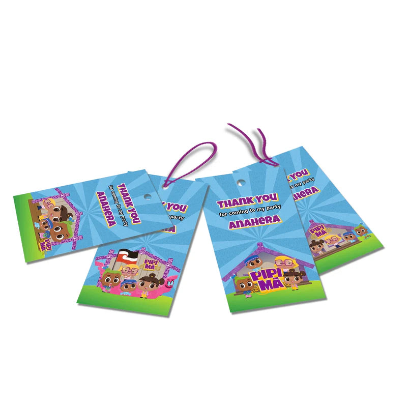 Pipi Ma thank you tags with colorful text accents displayed on a neatly wrapped party favor box
