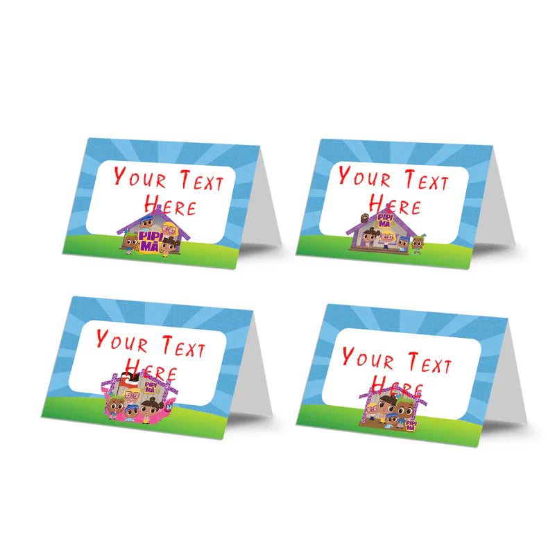 Pipi Ma food cards showing a collection of vibrant buffet labels arranged on a decorated treat table