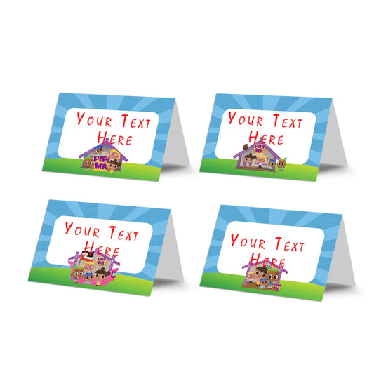 Pipi Ma food cards showing a collection of vibrant buffet labels arranged on a decorated treat table
