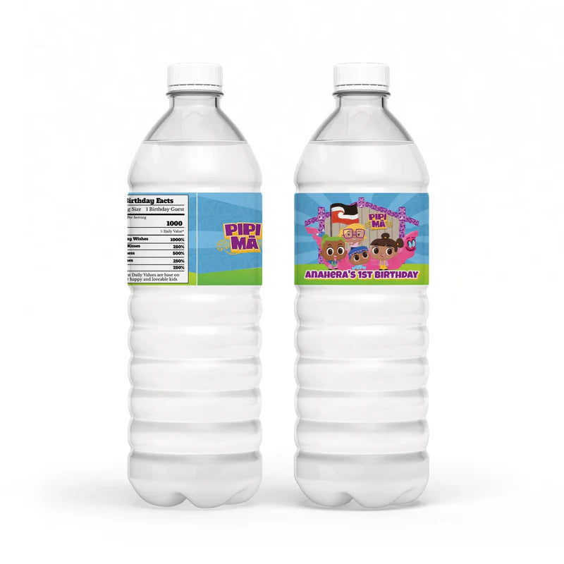 Pipi Ma water bottle label wrap showing a colorful party theme layout on a clear plastic bottle