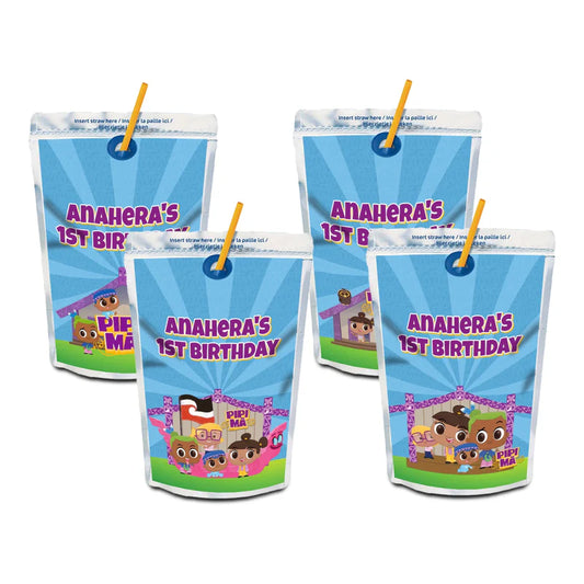 Pipi Ma juice pouch label mockup featuring a vibrant birthday design attached to a silver pouch
