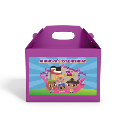 Pipi Ma treat box label showing a colorful design layout on a mini favor box container