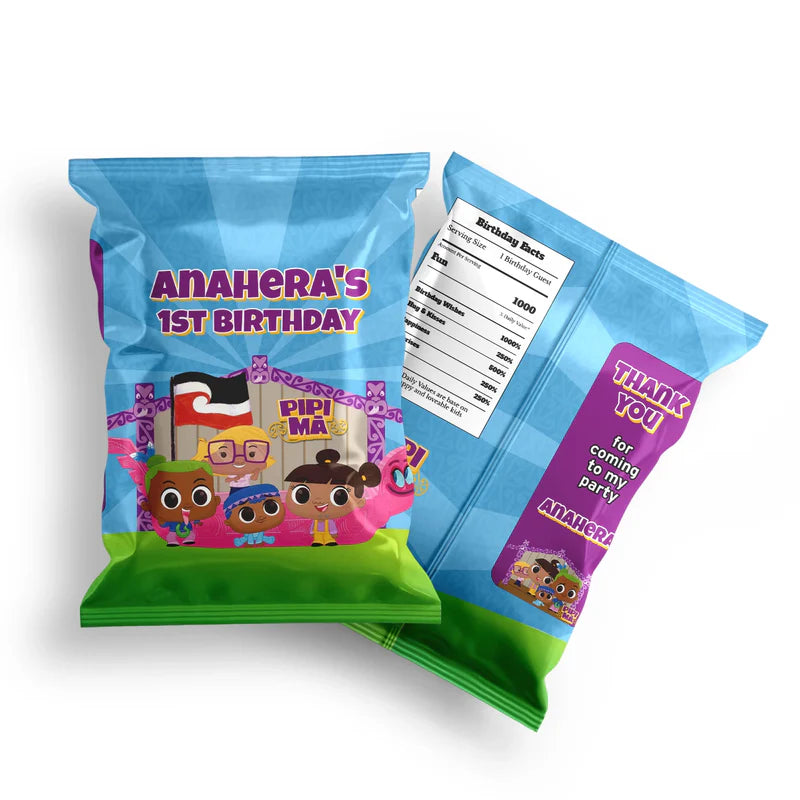 Pipi Ma chips bag label mockup displaying a vibrant snack bag layout on a clean background