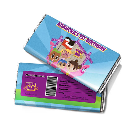 Pipi Ma chocolate label wrap featuring a colorful candy bar packaging layout against a white surface