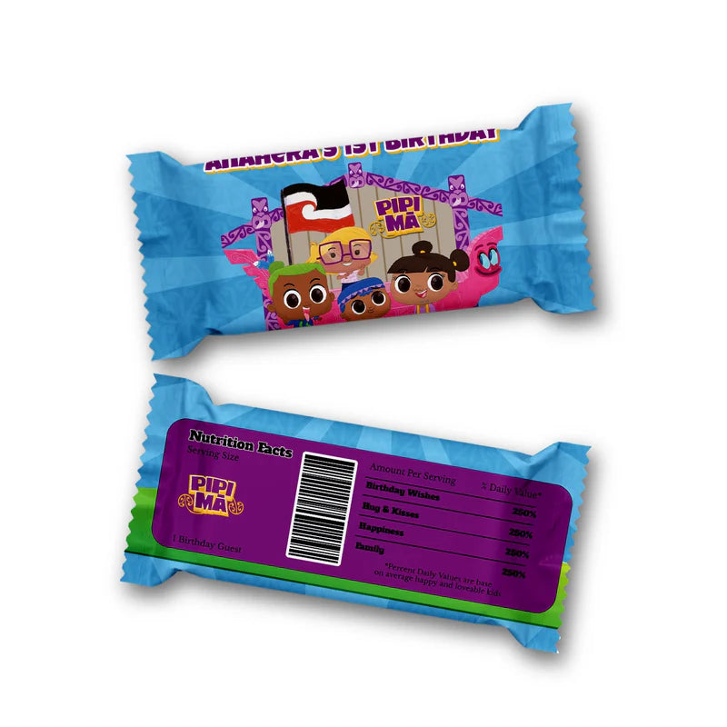 Pipi Ma Rice Krispies treats and candy bar labels shown together in a vibrant party snack display
