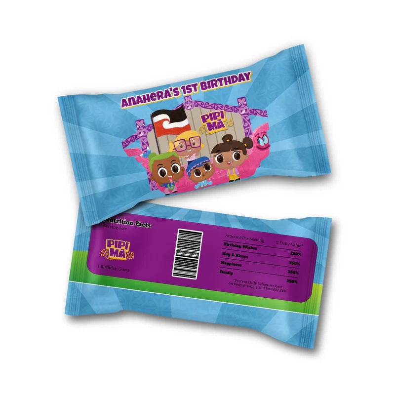 Pipi Ma M&M Chocolate label wrap showing a vibrant candy packaging layout displayed on a neat tabletop