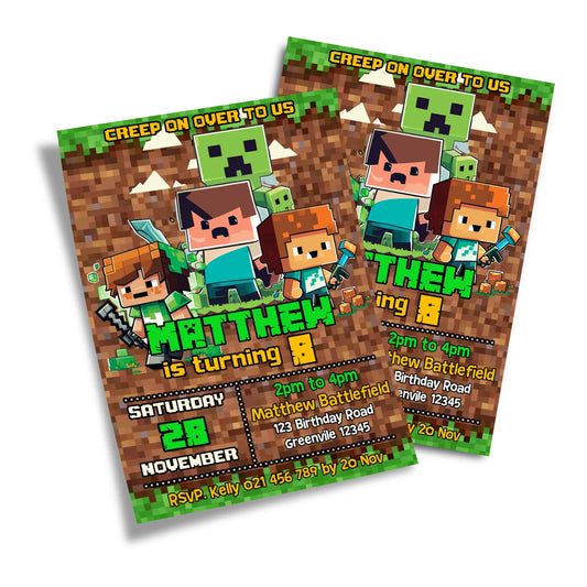 Minecraft personalized birthday card invitations with custom design 