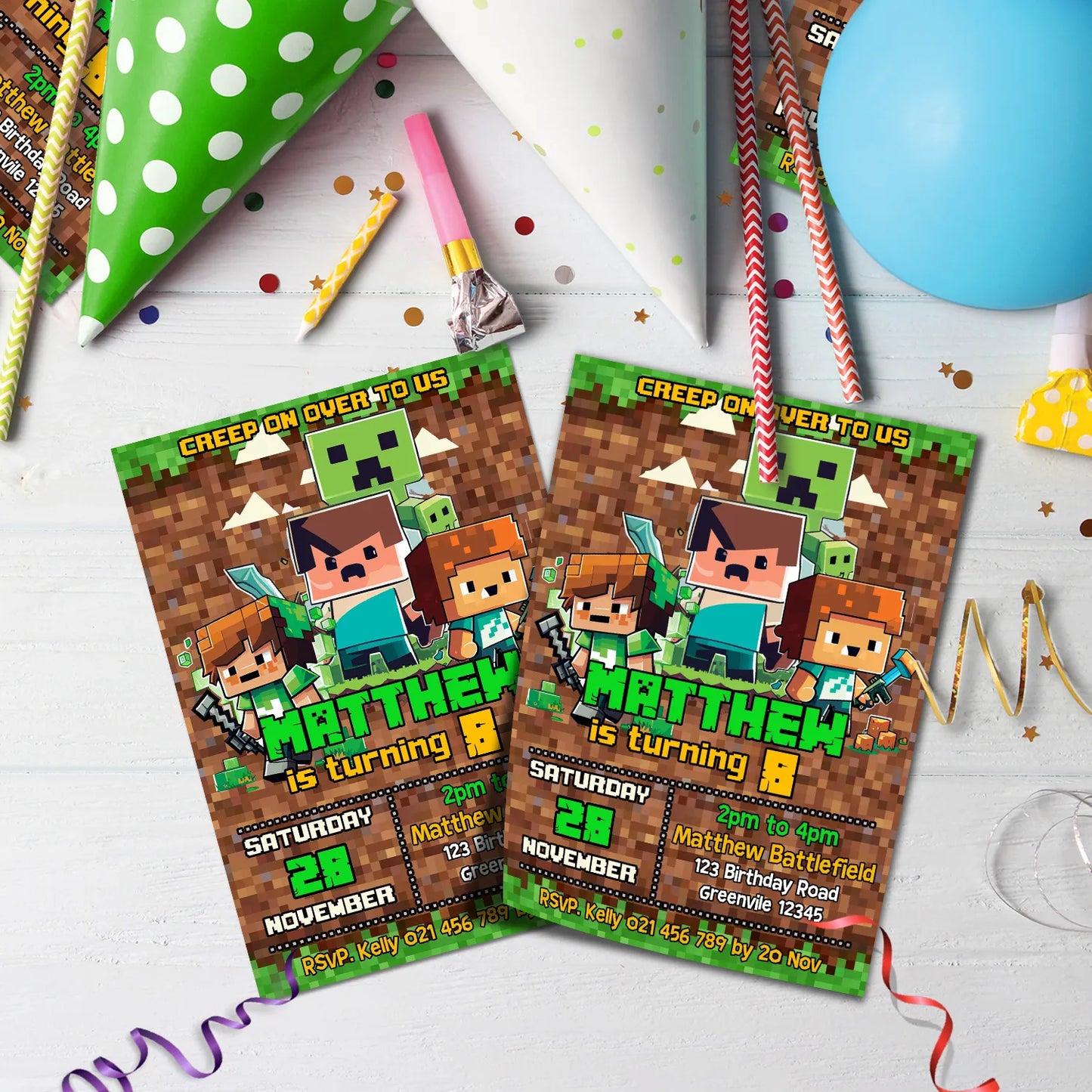 Minecraft Birthday Decorations, Minecraft Party Supplies, Minecraft Themed, Pixelated Game Digital Template, Editable Pixelated Image SVG PNG