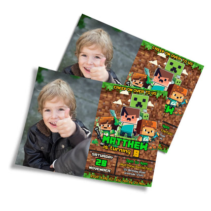 Minecraft personalized photo card invitations for special events 