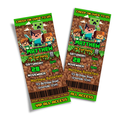 Minecraft personalized birthday ticket invitations for kids' parties 