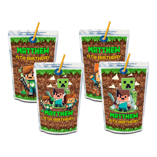 Minecraft juice pouch label for kids' birthday party beverages 