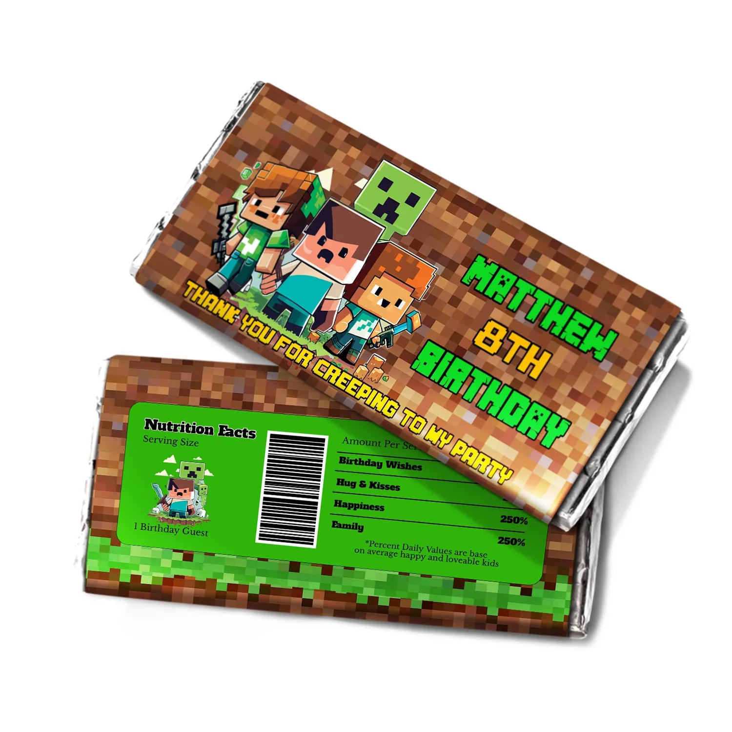 Minecraft chocolate label for personalized party treats 