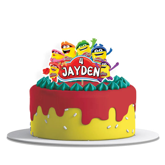Play Doh personalized cake toppers, vibrant cartoon theme, circular cutouts on white background