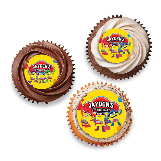 Play Doh personalized cupcake toppers, colorful round designs, party set on white background