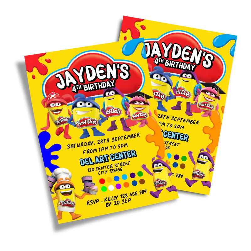 Play Doh birthday card invitations, bright cartoon theme, flat card layout on white background