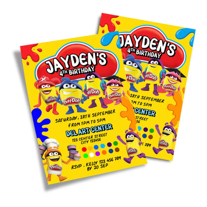 Play Doh birthday card invitations, bright cartoon theme, flat card layout on white background