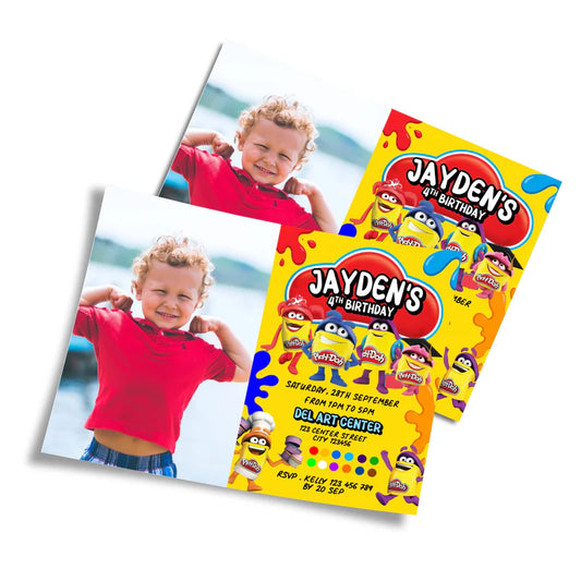 Play Doh photo card invitations, colorful custom photo design, flat layout on white background