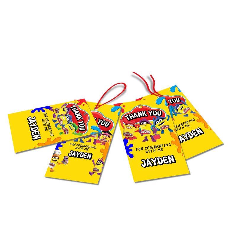 Play Doh thank you tags, bright cartoon theme, small tag set on white background