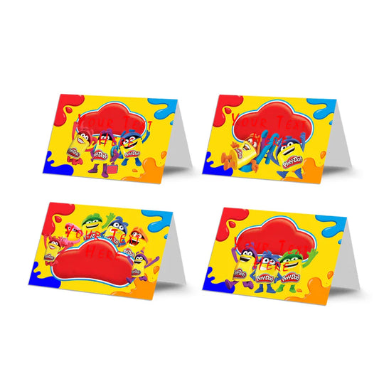 Play Doh food cards, colorful buffet labels, tent card layout on white background