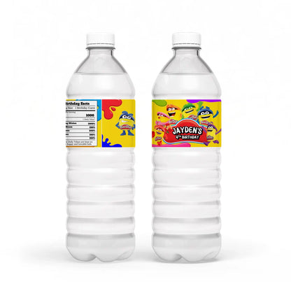 Play Doh water bottle label, vibrant wrap design, cylindrical mockup on white background
