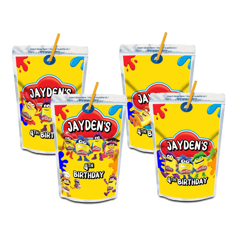 Play Doh juice pouch label, colorful drink wrap design, flat mockup on white background