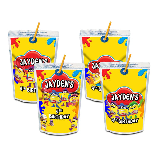Play Doh juice pouch label, colorful drink wrap design, flat mockup on white background