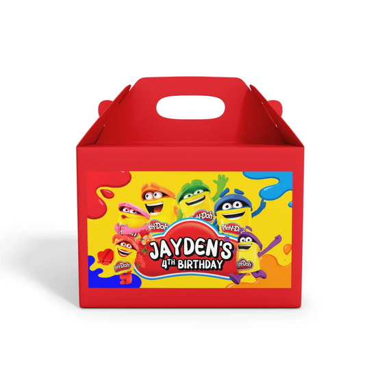 Play Doh treat box label, bright themed design, square label on white background