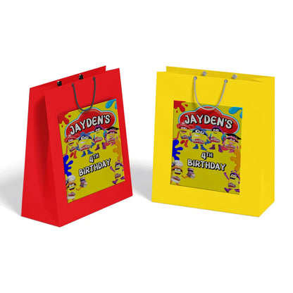 Play Doh goodie bag label, colorful party favor design, flat layout on white background