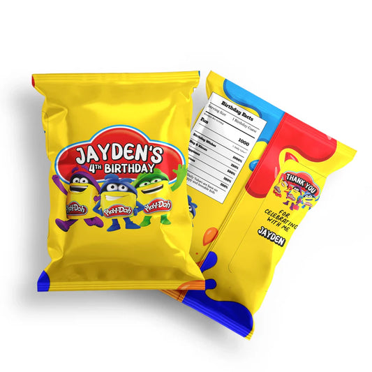Play Doh chips bag label, colorful snack wrapper design, flat mockup on white background