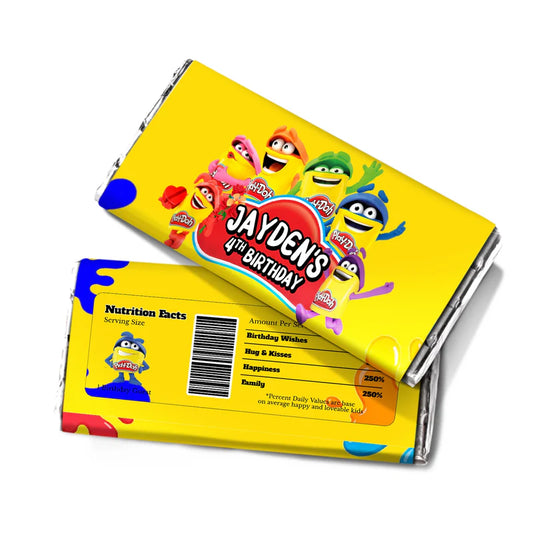 Play Doh chocolate label, vibrant candy bar wrapper, flat layout on white background