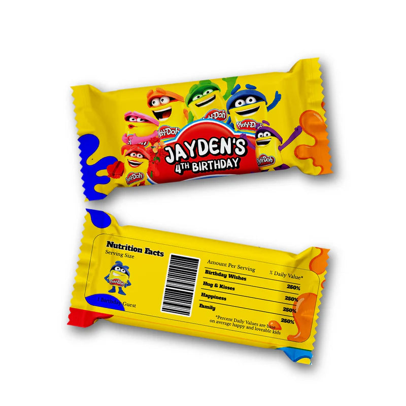 Play Doh rice krispies and candy bar labels, colorful treat wrappers, flat lay on white background