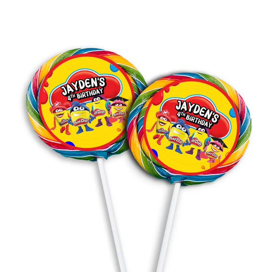 Play Doh lollipop label, bright round sticker design, candy stick mockup on white background