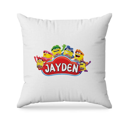 Play Doh sublimation pillowcase, vibrant print design, square pillow mockup on white background