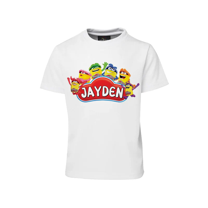 Play Doh sublimation T-shirt, colorful graphic design, flat lay apparel on white background