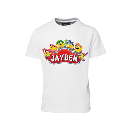 Play Doh sublimation T-shirt, colorful graphic design, flat lay apparel on white background