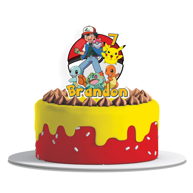 Pokemon personalized cake toppers featuring colorful character cutouts and custom birthday age details.