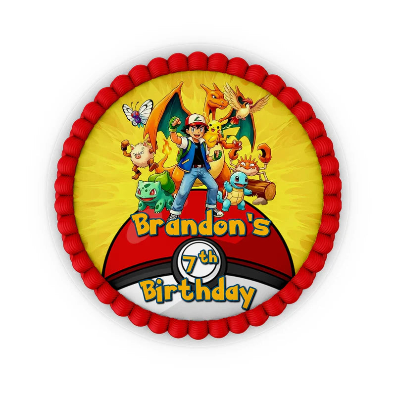 Pokemon personalized edible icing cake images with vibrant character portraits for custom birthday desserts.