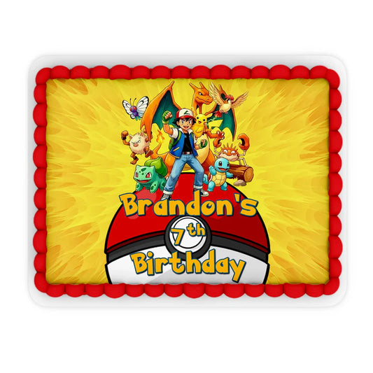 Pokemon personalized edible sheet cake images with blue background and festive character group graphics.