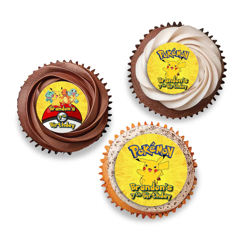 Pokemon cupcakes toppers with small circular character portraits and custom name initials on flat lay.