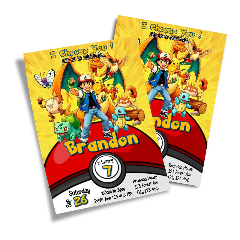 Pokemon personalized birthday card invitations with blue theme and festive party balloons.