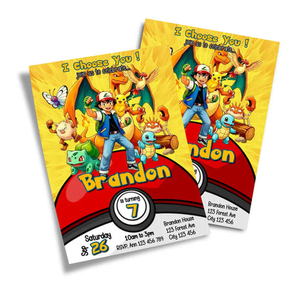 Pokemon personalized birthday card invitations with blue theme and festive party balloons.
