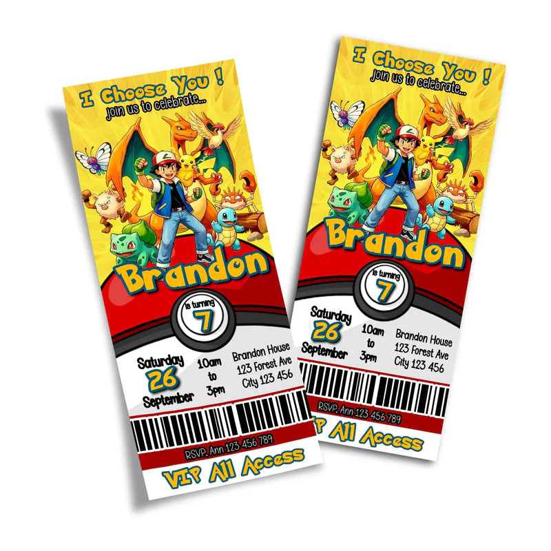 Pokemon birthday ticket invitations with VIP pass layout and personalized event details.