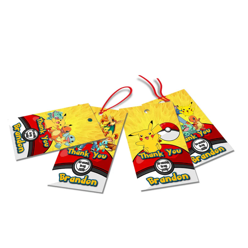 Pokemon thank you tags with colorful character graphics and personalized name for party favors.