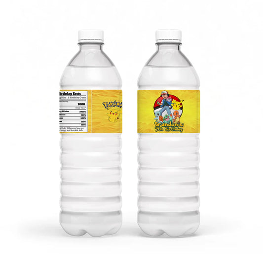 Pokemon water bottle label with blue character pattern and personalized birthday message.