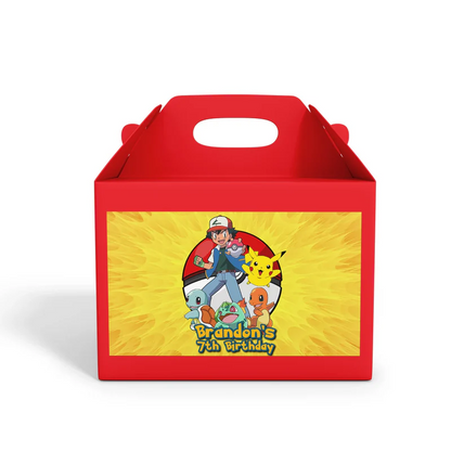Pokemon treat box label featuring bright character art and personalized birthday age for favor boxes.