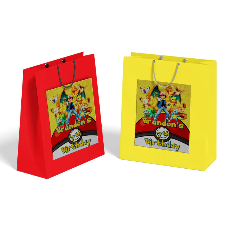 Pokemon goodie bag label with character group shot and custom name for birthday gift bags.